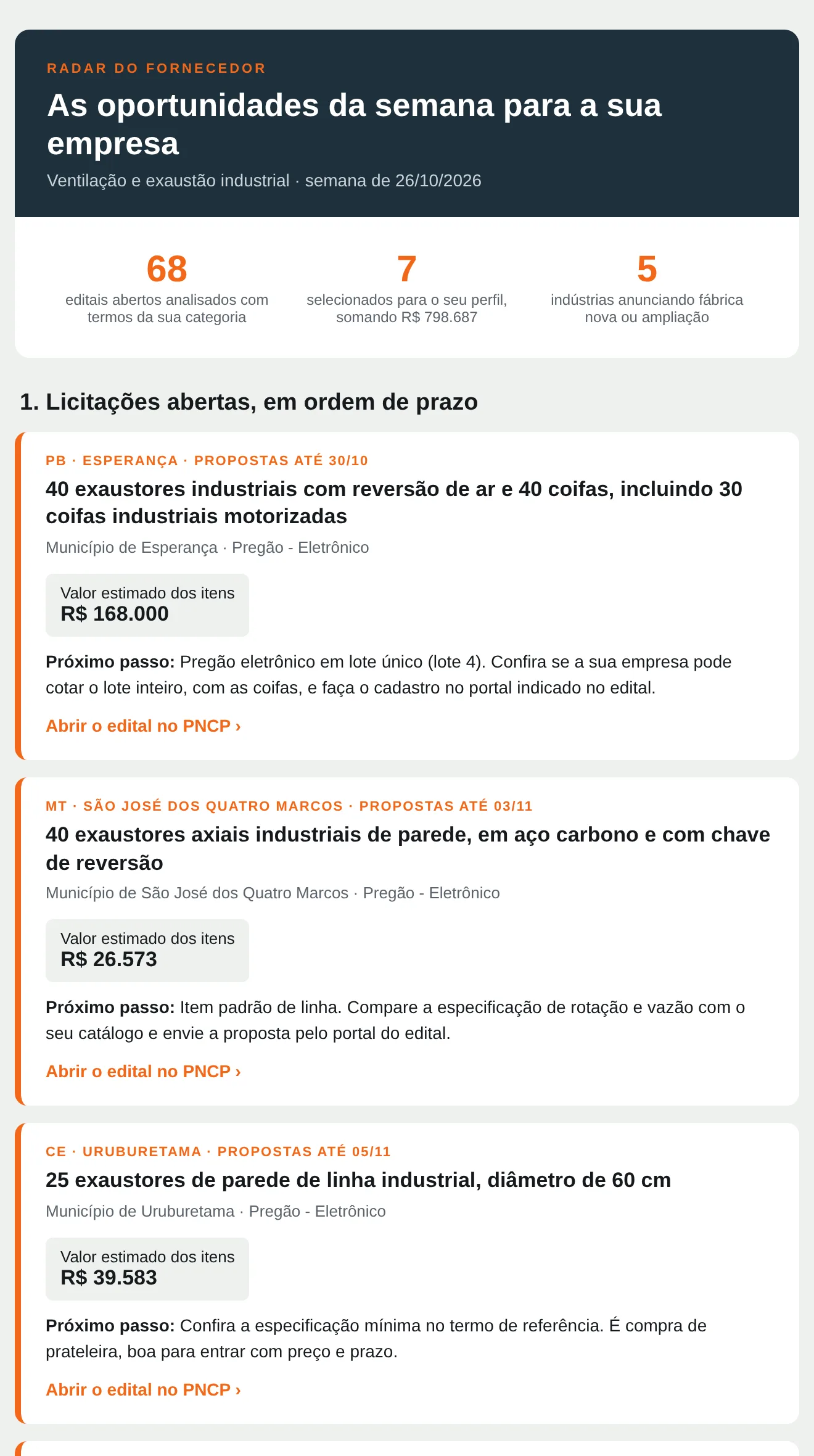 Exemplo real do Radar do Fornecedor com licitações abertas de ventilação e exaustão